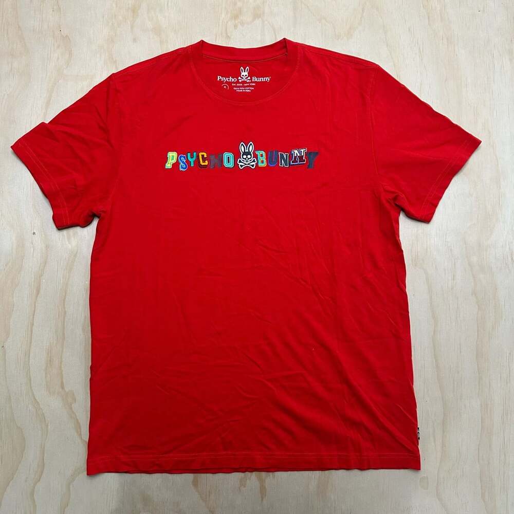 Psycho Bunny Fulton Tee Size 6 Red Multi-Color Logo Embroidered Graphic T-Shirt